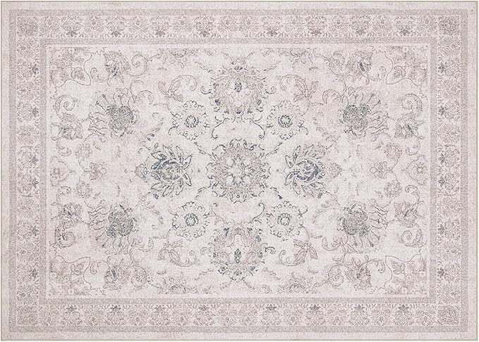 Phantoscope Washable Area Rug 5'x7' Non-Slip, Vintage Neutral Rugs for Living Room, Bedroom, Dining Room, Distressed Boho Floral Medallion Pattern, Low-Pile Foldable Floor Carpet, Cream Beige/Neutral