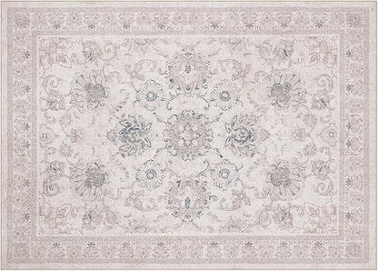 Phantoscope Washable Area Rug 5'x7' Non-Slip, Vintage Neutral Rugs for Living Room, Bedroom, Dining Room, Distressed Boho Floral Medallion Pattern, Low-Pile Foldable Floor Carpet, Cream Beige/Neutral