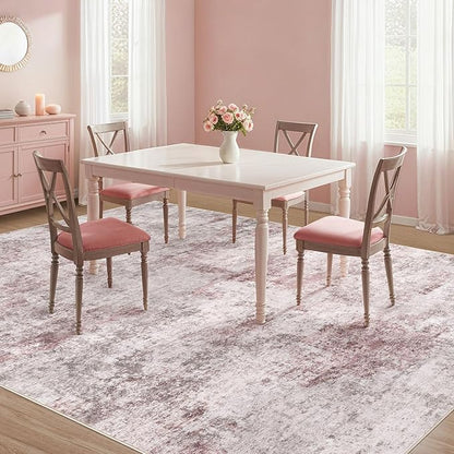 5x7 Area Living Room Rugs - Washable Neutral Modern Abstract Soft Thin Large Rug Indoor Floor No Slip Rug Carpet for Bedroom Under Dining Table Home Office Decor - Pink