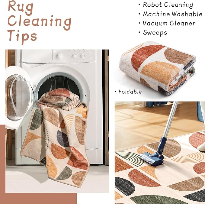 MUJOO Boho Rug Washable,4x6.5 Area Rugs for Bedroom Living Room Bedside Office,Throw Floor Carpet Non Slip Soft Indoor Modern Abstract Bohemian Terracotta