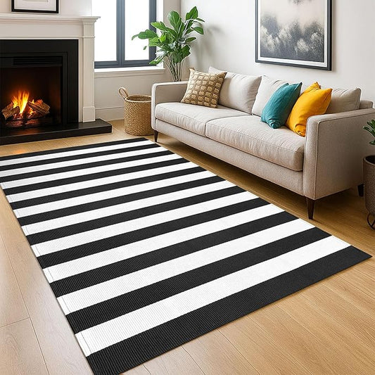 KOZYFLY Black and White Striped Outdoor Rug 5x7 Ft Area Rug Washable Indoor Outdoor Rug Cotton Striped Rugs for Living Room Farmhouse Large Floor Carpet for Bedroom Living Room Patio