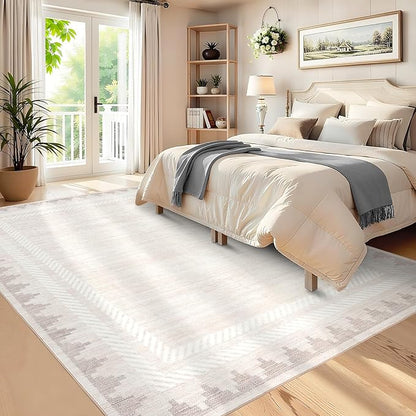RUGSREAL Machine Washable 5×7 Low Pile Area Rug for Living Room Dining Room Modern Bordered Non Slip Soft Indoor Carpet Foldable Stain Resistant Non-Shedding Rugs for Bedrrom Office Decor, Beige