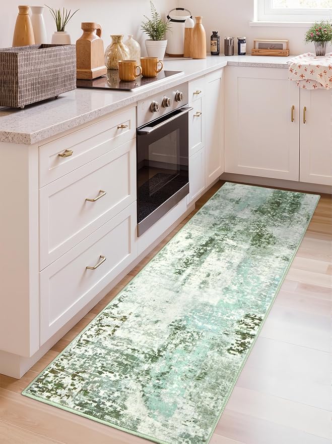 Washable Abstract Runner Rug, 2x6 Modern Area Rugs with Non-Slip Rubber Backed for Kitchen, Thin but Soft Contemporary Carpet Bedroom Entryway Hallway Decor, Green