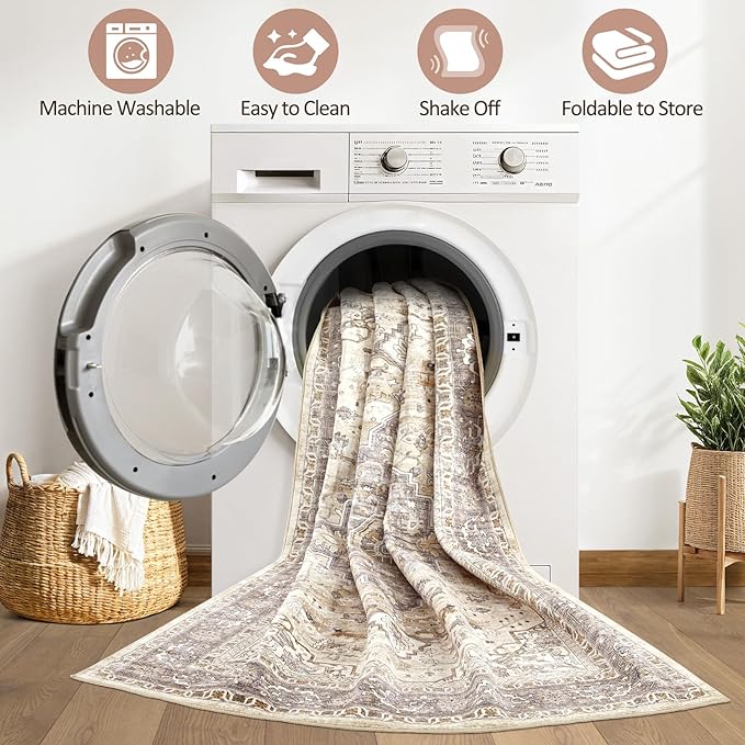 12x18 Rug Living Room: Washable Boho Large Neutral Vintage Soft Rugs Stain Resistant Farmhouse Non-Slip Indoor Floor Carpet for Bedroom Nursery Kids Playroom Office Dining Room- Beige Brown