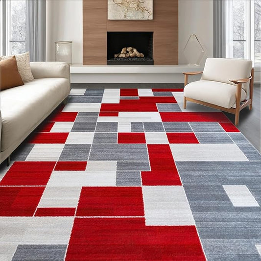 Flatwoven High Traffic Area Rug 8x10, Waterproof Patio with Anthracite Accents, Non Slip, Stain Resistant, Washable Area Rugs for Living Room, Bedroom (Red, 8x10)