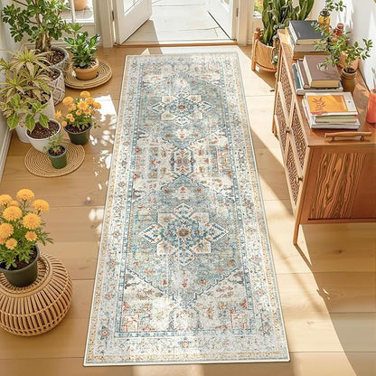 Enkor Runner Rugs for Hallway, 2x6 Washable Soft Boho Non Slip Floor Rugs for Kitchen, Modern Mat for Living Room Bedroom Entryway Beige & Green