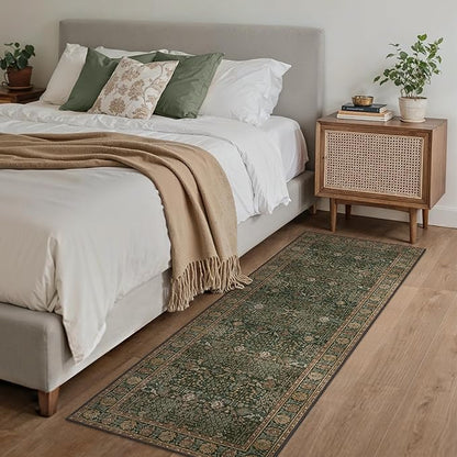 Bavni 2'6''x7 Rug Runners for Hallways, Washable Runner Rug Non Slip, Vintage Floral Print Style Rugs for Bedroom-Lightweight Low Pile Carpet for Hallways Bathroom, Dark Green/Multi
