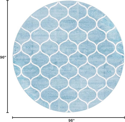 Rugs.com Lattice Frieze Collection Rug – 8' Round Light Blue Medium Rug Perfect for Kitchens, Dining Rooms