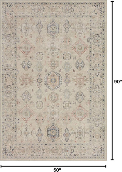 Loloi Hathaway Collection HTH-04 Beige/Multi 5'-0" x 7'-6", .25" Thick Area Rug, Soft, Durable, Printed, Modern, Low Pile, Non-Shedding, Easy Clean, Living Room Rug