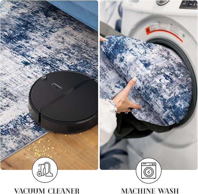 Modern Abstract Runner Rug 2x5, Grey Navy Blue Multi Washable Kitchen Runner Entryway Rug Mat Non-Slip Soft Hallway Rug Runner Thin Print Faux Wool Carpet for Bedroom Laundry Room Indoor