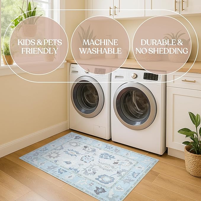 Fame Living Cream Blue Oushak Runner Rug, Modern Runners, Vintage, Turkish, Eclectic, Floral, Pastel, Washable, Runner for Hallway, Kitchen, Bedroom, Bathroom, 2'5"x9'8"