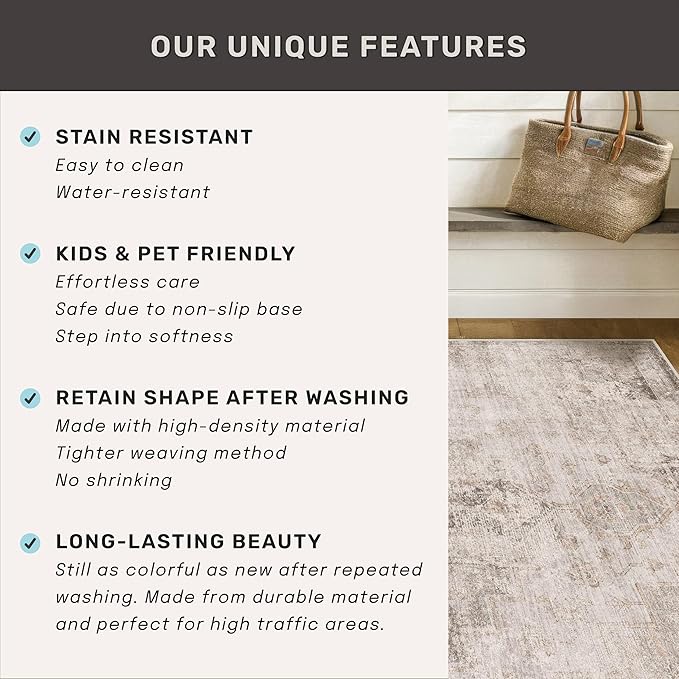 Neutral Living Room Rug - 10x14 Farmhouse Beige Brown Large Area Rug for Dining Room, Bedroom, Low Pile Lightweight Washable