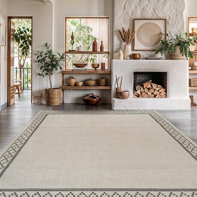 Easy Jute Rugs 10x14 Frame Bone Color Living Room Indoor Outdoor Area Rug for Patio and Kitchen Rug High Traffic Washable Easy to Clean Solid Boho Woven Design Carpet (10 x 14)