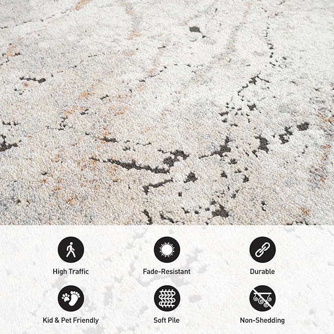 Rugshop Drifted Marble Abstract Area Rug Durable, Kid & Pet Friendly Gray, Ivory, Neutral Tones 2' 3" x 8' Runner Ideal for Hallway, Kitchen, Entryway, or Behind The Sofa