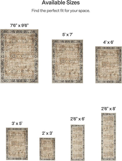 ReaLife Rugs Machine Washable Area Rug Runner - Living Room Bedroom Bathroom Kitchen Entryway Office - Padded Low Pile Stain Resistant Premium - Boho Farmhouse Vintage - BEV - Beige Tan Brown 3' x 5'