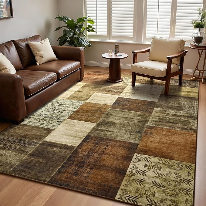 DweIke Large Modern Washable Area Rugs 8x10, Living Room Rug Non-Slip and Non-Shedding Large Rugs for Bedroom, Low Pile Indoor Rubber Backed Carpets for Dining Office Home Decor, Brown