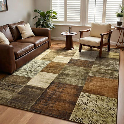 DweIke Washable Area Rugs for Living Room, 6x9 Large Bedroom Rugs, Geometric Print Non Slip Low Pile Indoor Throw Carpets for Bedroom Apartment Dining Room Home Office Hardwood Floor, Brown