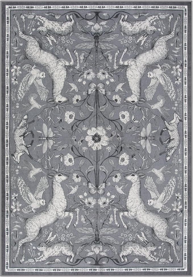 Lahome Boho Animal 6x9 Washable Living Room Area Rugs, Grey Soft Rugs for Bedroom, Botanical Large Boho Non Slip Dining Room Carpet for Under Table Office Kids Playroom (6x9ft,Grey)
