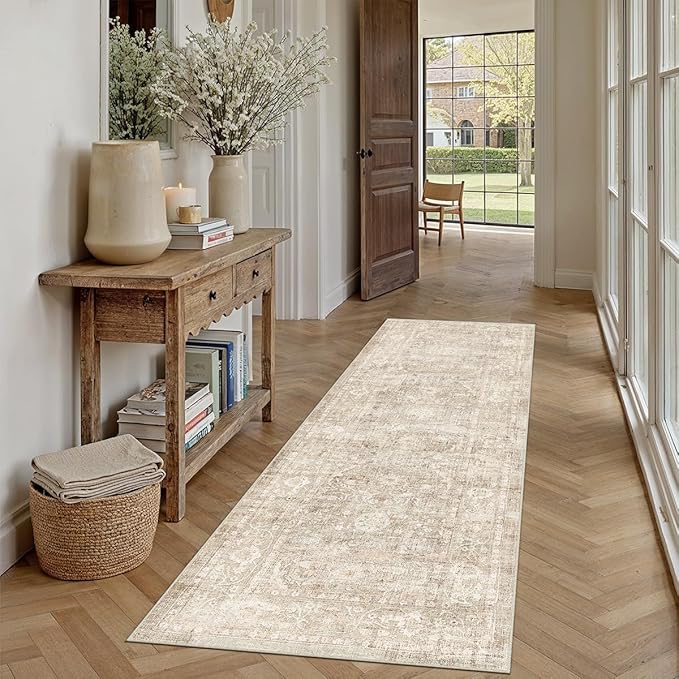 2x5 Beige Washable Runner Rug for Kitchen Hallway Neutral Soft Non Slip Rug Low Pile Vintage Distressed Carpet for Bathroom Bedroom Indoor Nursery