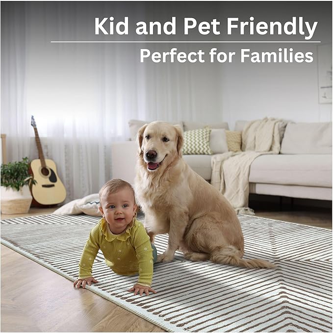 Bloom Rugs Washable Non-Slip 9' x 12' Rug - Brown Striped Area Rug for Living Room, Bedroom, Dining Room, and Kitchen - Exact Size: 9' x 12'