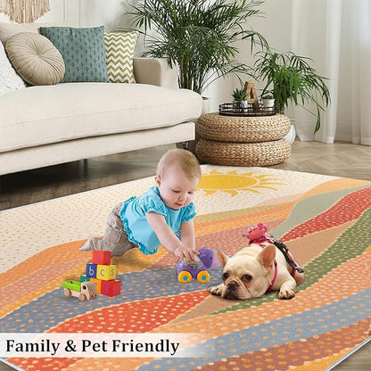 Boho Sun Area Rugs 5x7ft, Mosaic Sunburst Rugs for Living Room, Dotted Gradient Hills Floor Rug Sturdy and Non-Shedding for Bedroom Hardwood Floors Teen Room
