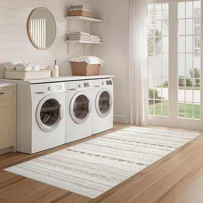 Nakagishi Runner Rug Kitchen Washable Rugs: 3x8 Non-Slip Boho Soft Modern Stain Resistant Indoor Floor Neutral Farmhouse Throw Carpet for Hallway Bathroom Laundry Room Entryway Bedroom- Brown