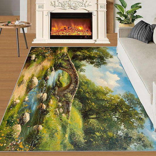 Forest Rugs for Bedroom - 5x8 Area Rug - Stone Bridge Stream Rugs for Living Room, Retro Country Style Rug, Non-Slip Washable Home Decor Carpet