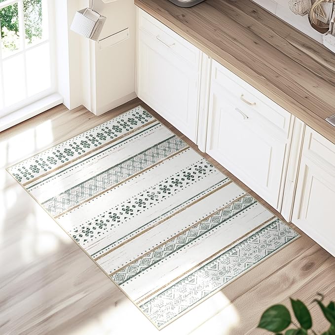 BESTSWEETIE 2x3 Area Rugs for Living Room Washable Moroccan Farmhouse Neutral Geometric Low Pile Non-Slip Soft Print Pattern Rug for Bedroom Kitchen Dining Room Entryway Green/Brown