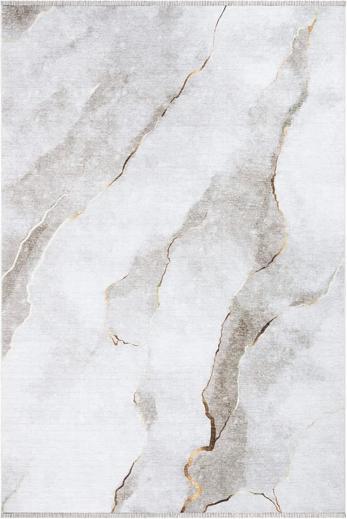 Bloom Rugs Caria Washable Non-Slip 6x9 Rug - Ivory/Gold Modern Abstract Area Rug for Living Room, Bedroom, Dining Room, and Kitchen - Exact Size: 6' x 9'
