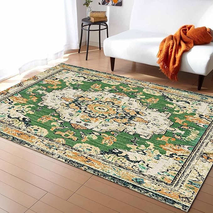 Bohemian Pattern Rectangular Area Rugs for Living Room Bedroom 4 x 6 ft Green & Orange Abstract Non-Shedding Soft Low Pile Rug Non Slip Washable Rug for Nursery Entryway Playroom