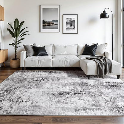 Washable Abstract Rug, 5x7 Modern Area Rugs with Non-Slip Rubber Backed for Living Room, Thin but Soft Contemporary Carpet Kitchen Bedroom Dining Room Decor, Dark Grey