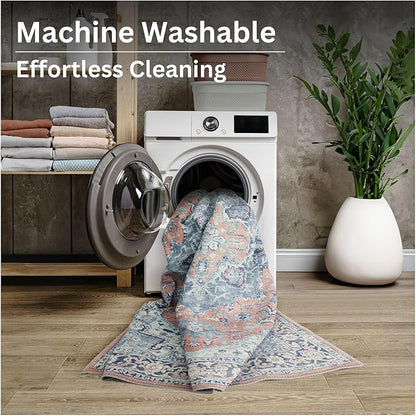 Bloom Rugs Washable Non-Slip 4' x 6' Rug - Coral/Blue Traditional Medallion Area Rug for Living Room, Bedroom, Dining Room, and Kitchen - Exact Size: 4' x 6'
