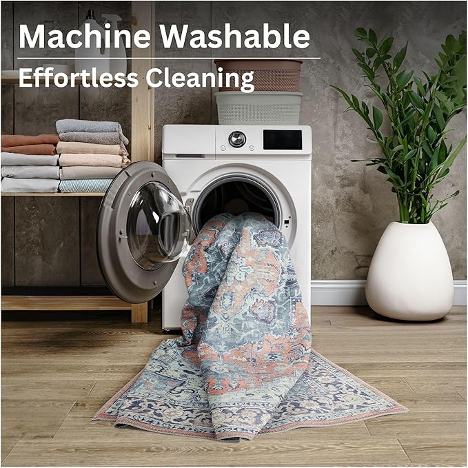 Bloom Rugs Washable Non-Slip 3' x 5' Rug - Coral/Blue Traditional Medallion Area Rug for Living Room, Bedroom, Dining Room, and Kitchen - Exact Size: 3' x 5'