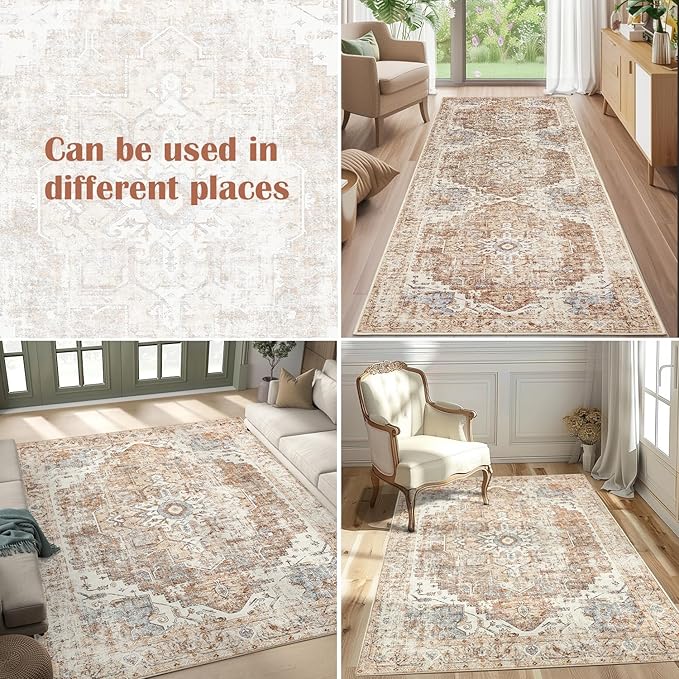 JINCHAN Area Rug 8x10 Washable Living Room Rug Vintage Indoor Large Floor Cover Distressed Lightweight Non-Slip Low Pile Thin Mat Accent Stain Resistant Carpet for Bedroom Dining Room Office Brick Red