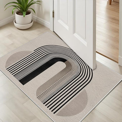 Modern Washable Rug for Living Room 3x4, Boho Abstract Striped Area Rugs, Soft Non Slip Low Pile Farmhouse Carpet for Bedroom Dining Room Kitchen, Stain Resistant, Pet Friendly, Beige Black
