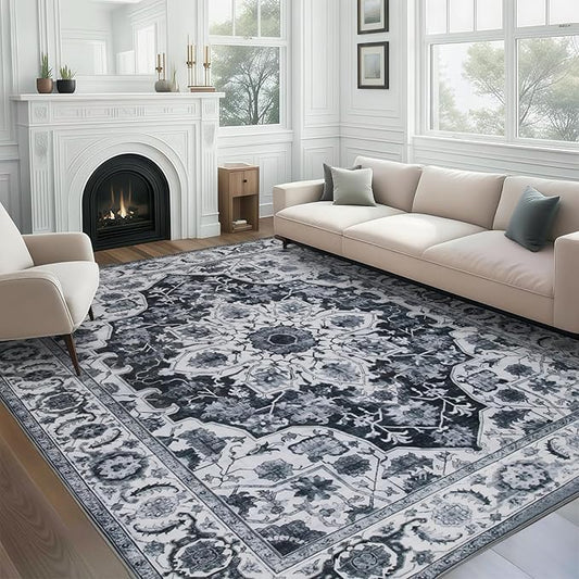 WILLSUN Washable Area Rugs, 9x12 Non-Slip Boho Large Area Rugs for Living Room, Bedroom, Machine Washable Vintage Rug, Indoor Floral Print Carpet for Home Decor, Kid & Pet Friendly Mat