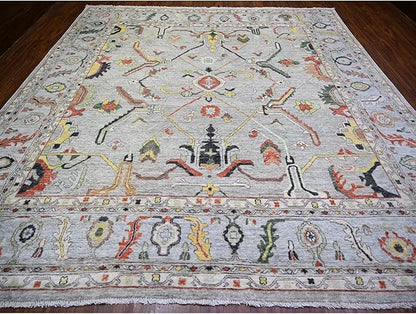 Goose Gray Afghan Angora Oushak with All Over Colorful Pattern Vegetable Dyes Organic Wool Hand Knotted Square Oriental Rug (11'9"x11'9")
