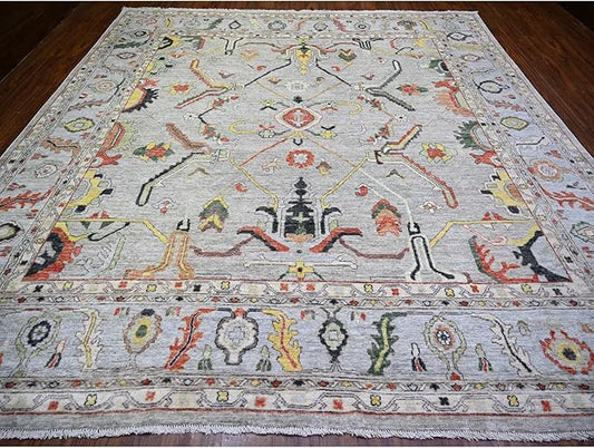 Goose Gray Afghan Angora Oushak with All Over Colorful Pattern Vegetable Dyes Organic Wool Hand Knotted Square Oriental Rug (11'9"x11'9")