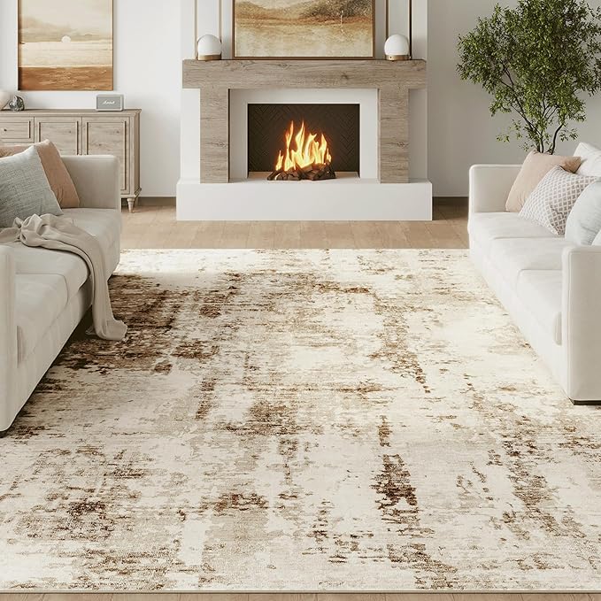 FMFUNCTEX 10x14 Washable Abstract Area Rug Brown Beige Neutral Modern Large Non Slip Carpet for Living Room Bedroom Soft Accent Low Pile Indoor Mat Accent Throw Rug for Dining Kitchen Office Nursery