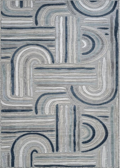CAMILSON Indoor Outdoor Rug, Blue 8x10 Geometric Arch Striped Area Rugs for Patio and Home Areas, Easy-Cleaning Non-Shedding Living Room, Garden and Deck Washable Outside Carpet (8 x 10)