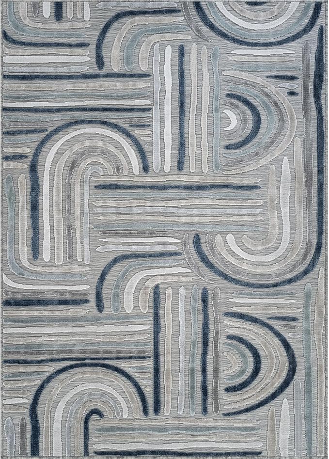 CAMILSON Indoor Outdoor Rug, Blue 10x14 Geometric Arch Striped Large Area Rugs for Patio and Home Areas, Easy-Cleaning Non-Shedding Living Room, Garden and Deck Washable Outside Carpet (10 x 14)