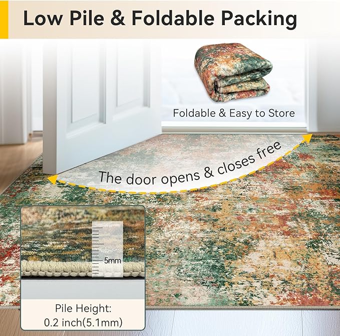 Washable Area Rugs 2'x6' Non-Slip Modern Abstract Soft for Living Room Entryway Bedroom Nursery, Print Pattern, Green Orange Rust Red Cream Colorful