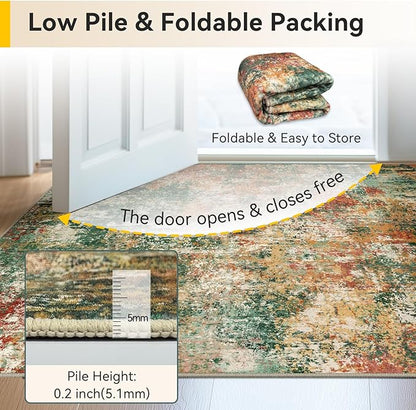 Washable Area Rugs 4ft Non-Slip Modern Abstract Soft for Living Room Entryway Bedroom Nursery, Print Pattern, Green Orange Rust Red Cream Colorful