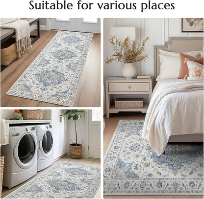 jinchan Area Rug 6x9 Vintage Washable Living Room Rug Floral Medallion Non Slip Thin Floor Cover Retro Classic Soft Boho Farmhouse Carpet for Bedroom Dining Room Kitchen Blue