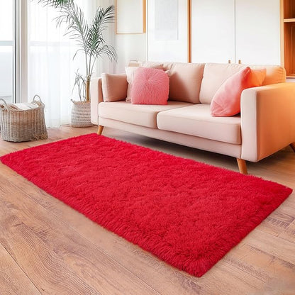 Red Runner Rug for Hallway, Bedroom Bedside Plush Rugs, Non Slip Fluffy Shaggy Carpet for Kids Home Decor, Dorm Nursery 2x6 Ft