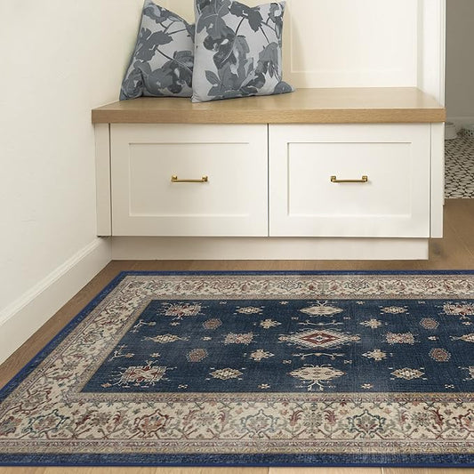 RUGGABLE Washable Vintage Area Rug – Verena Sapphire 3x5, Stain-Resistant, Non-Slip – Small Machine Washable Rugs for Living Room, Bedroom, Hallway, Entryway & Office–with Cushioned Pad