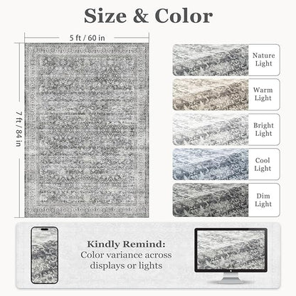 Grey 5x7 Area Rugs for Living Room Bedroom, Washable Non Slip Low Pile Thin Soft Carpet Rugs for Dining Room/Kitchen/Home Office/Nursery, Vintage Neutral Gray with Accents