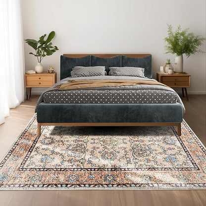 Area Rug 5x7, Washable Faux Wool Throw Rugs for Living Room, 0.3″ Non Slip Low Pile Vintage Boho Carpet for Ding Room, Home Office, Bedroom, Kids Room, Bedside (Khaki)