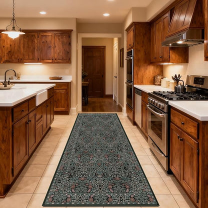 Washable 2'6" x 8' Runners for Hallways, Non Slip Long Floor Runner for Kitchen, Entryway Indoor, Stain Resistant Rubber Backing Floral Décor Rug (Dark Green)