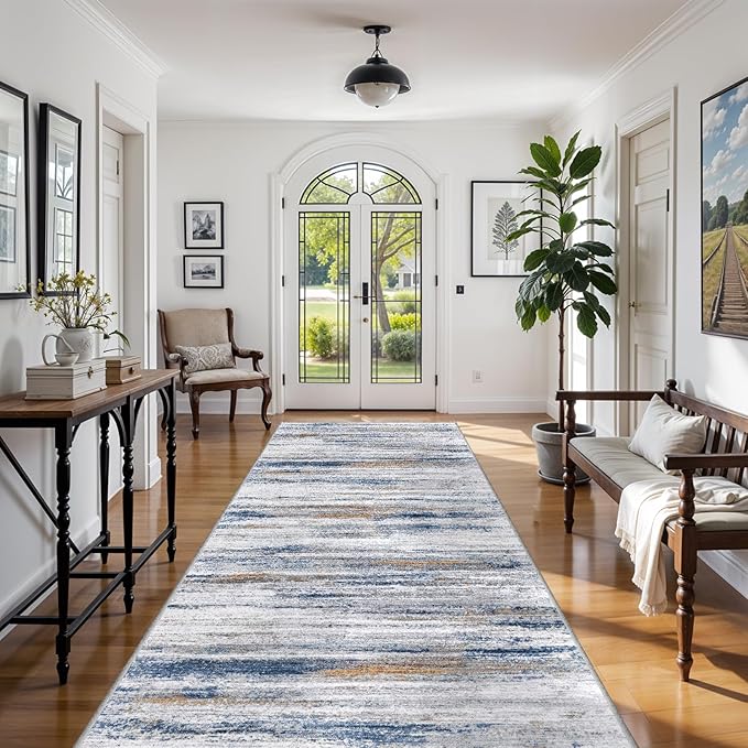 Large Runner Rugs for Hallway 4x16: Non-Slip Washable Wide Carpet - Soft Low-Pile Stain and Spill Resistant Rug for Entryway Living Room Dining Room Balcony Garage Office Navy Grey